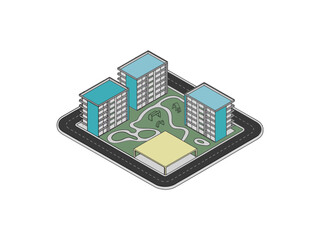 Obraz premium Isometric city block, medium rise buildings, central green courtyard, sidewalks and roads, neighborhood layout, urban planning concept, vector