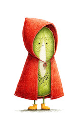Watercolor illustration of cute kiwi fruit character wearing red hooded cloak with smile and yellow boots. Whimsical anthropomorphic fruit mascot for children's content, book illustration, and playful