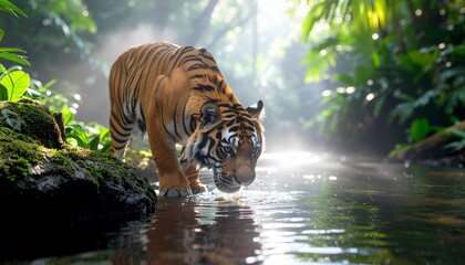 Harimau agung minum air di hutan yang disinari matahari