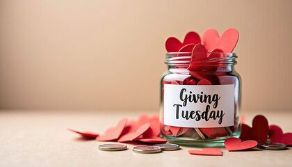 Glass jar filled with red heart-shaped tokens for Giving Tuesday representing generosity and love