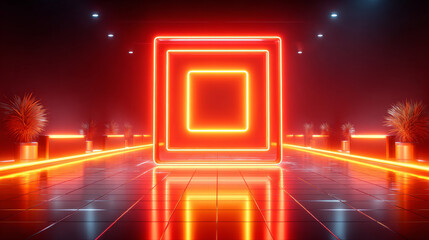 Neon-lit square structure in a futuristic interior space
