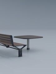3d rendered Minimalist park bench and table with gray background, creating a serene and contemplative atmosphere