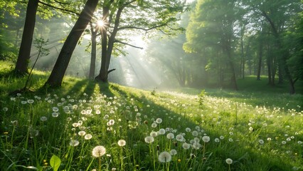 A serene morning in a forest glade, with sunlight streaming through the trees and illuminating a field of dandelions in full bloom, creating a magical scene