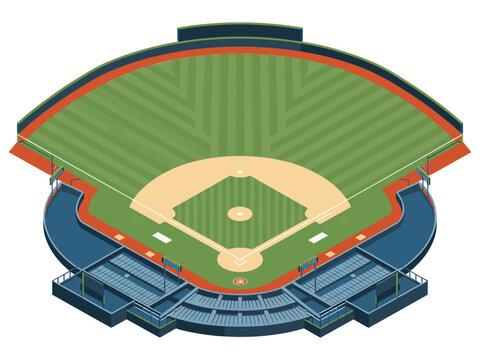 Baseball stadium isometric view, diamond infield with bases, curved outfield grass, packed grandstands, professional ballpark illustration