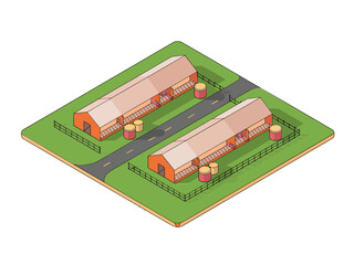 Fototapeta premium Rural farming complex, twin long barns with red roofs, fenced pathways, agricultural buildings perspective, isometric vector illustration