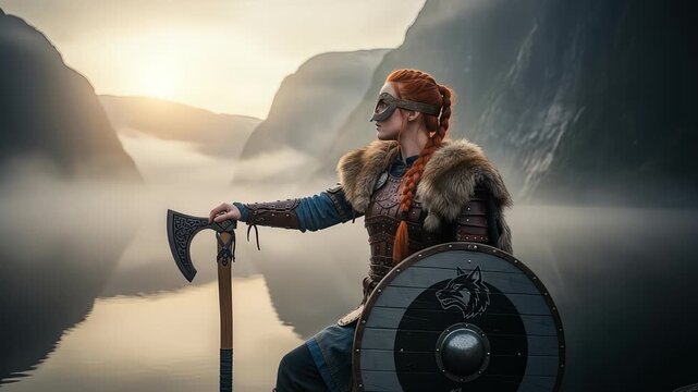 Epic Viking Shieldmaiden Scene Standing with Axe Against Mystical Fjord Scenery