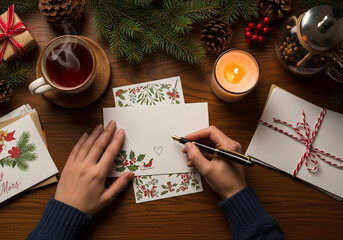 A Cozy Scene of Hands Writing Christmas Cards with a Fountain Pen on a Desk with Festive Decor