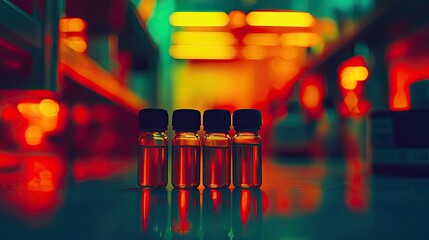 Four vials with liquid; blurred shelves background