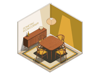 Warm dining nook, mid century chairs, round table, sideboard cabinet, pendant lamp, accent wall, inspirational quote art
