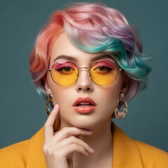 Stylish close up portrait of a modern woman with pastel rainbow hair, wearing yellow glasses and bold makeup, exuding confidence and creative personality in contemporary fashion style