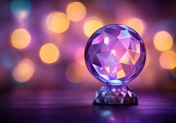 Purple crystal ball with blurry bokeh lights backdrop
