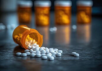 Spilled pills from open bottle, others blur in background