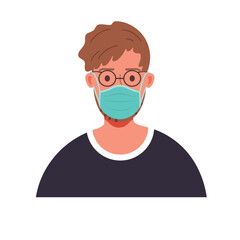 Man Wearing A Teal Medical Face Mask And Round Eyeglasses With Brown Hair And A Dark Blue Shirt Against A White Background With Transparent Background
