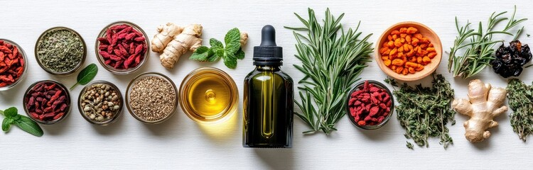 Herbal medicine oil bottle, spices, and plants on white