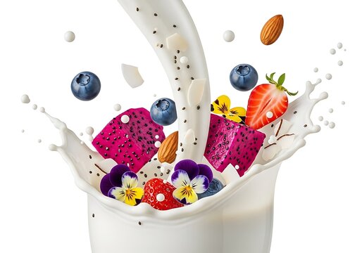 A vibrant splash of milk pouring over a colorful mix of dragon fruit, blueberries, strawberries, almonds, and edible flowers, isolated on white background
