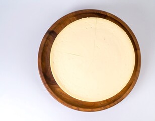 Overhead shot of a cheesecake on a wooden plate with small slices