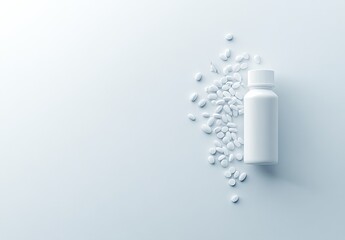 Pills spill around a white bottle. Side view