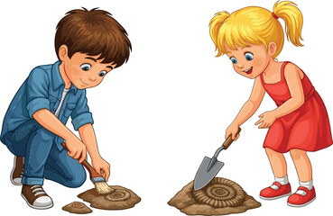 Children digging fossils with brush and trowel in archaeology site, paleontology science exploration, cad drawing flat vector illustration © Creatives World