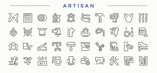 Artisan vector line icon set. UI icons set in a thin style. Editable vector stroke. Artist icon set in linear style. Featuring art and culture, paint, video, culture, entertainment, history and more.