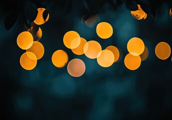 Bokeh of round, warm light spots in dark, leafy ambience