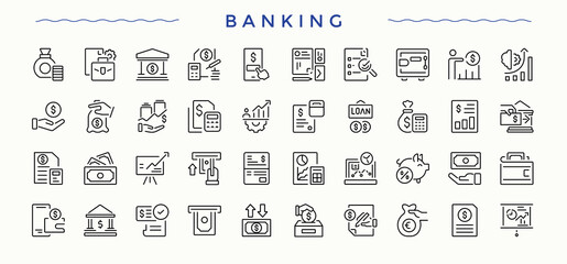 Set of Banking line icon. Included count, accounting, audit, management, finance and more. Minimal icons collection. Income icon. Pixel perfect. Vector illustration.