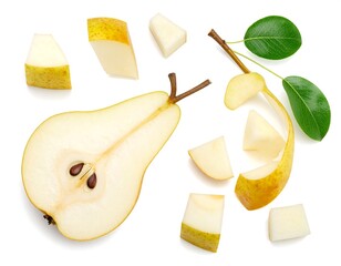 Overhead shot of a cut pear and its pieces with leaves on white