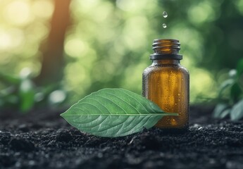 Brown bottle with leaf, drops, on soil in a green space