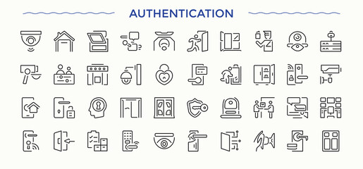 Authentication line icon set. Minimalist linear icons. Pack of privacy, login session, finger, server, control, factor. Vector illustration. Username vector line icon set.