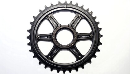 Overhead shot of a dark gray metal gear on a white background