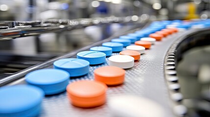 Pills, blue, orange, white, on a conveyor belt