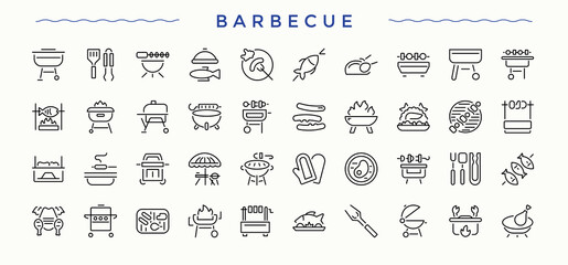 Barbecue linear icon set. Sign and Symbol. Contains outline symbols like restaurant, cook, butcher, picnic, food, party. Pictogram and infographic. Barbeque icon collection.
