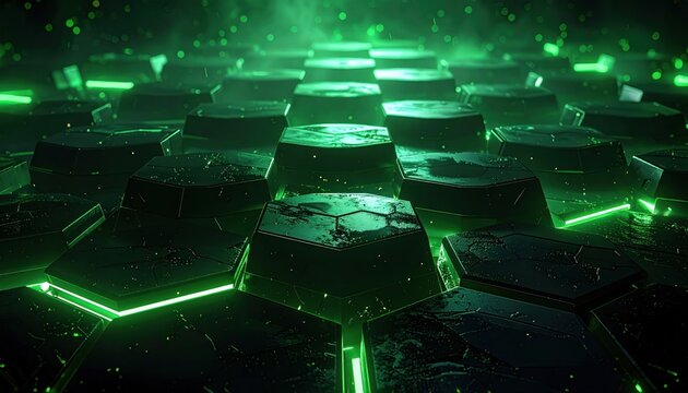 Close-up of hexagonal 3D tiles glowing with neon green light