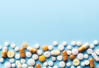 Pills, capsules scattered on a light blue background