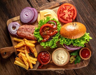 Overhead shot of a gourmet burger components and french fries on wood