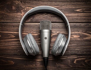 Overhead shot of a gray microphone and headphones on wood
