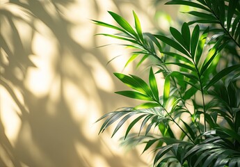 Houseplant fronds cast shadows on sunny, light-yellow wall