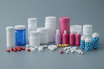 Pills and bottles on gray