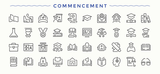 Set of Commencement line icon. Pack of target, start, development, business, management, strategy and more. Outline icons collection. Strategy icon set. Editable vector stroke.