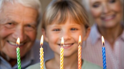 A young girl smiles with birthday candles alongside two elderly people, celebrating a joyful moment together.
