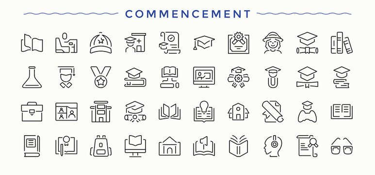 Set of Commencement line icon. Pack of target, start, development, business, management, strategy and more. Outline icons collection. Strategy icon set. Editable vector stroke.