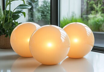 Three glowing spheres sit on a bright surface