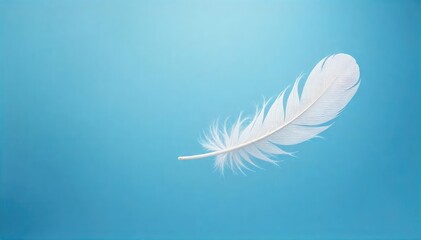 Fototapeta premium A single, delicate white feather floats gently on a serene blue background, symbolizing purity and untainted beauty Perfect for concepts of innocence, fragility, and hope , fragile, dreamy