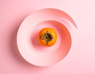 Overhead shot of a persimmon nestled in a pink spiral on pink