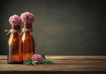 Glass bottles holding clover flowers on weathered wood