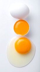 Overhead shot of a raw egg, broken with yolk, and an open egg