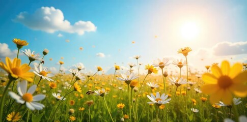 A vibrant sun shines on a field of wildflowers, buzzing with bees; a joyful scene of pure, unadulterated happiness and summer bliss , positive energy, sunshine, life