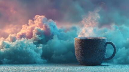 Surreal floating coffee cup with steam glowing fantasy beverage concept magical drink design illuminated morning ritual generated ai