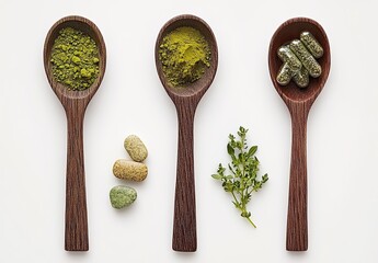 Herbal supplements on wooden spoons, simple composition