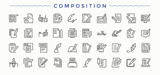 Composition icon pack. Simple line vector icons. Write vector line icon set. Pack of typing, write, stationery, author, writer and more.