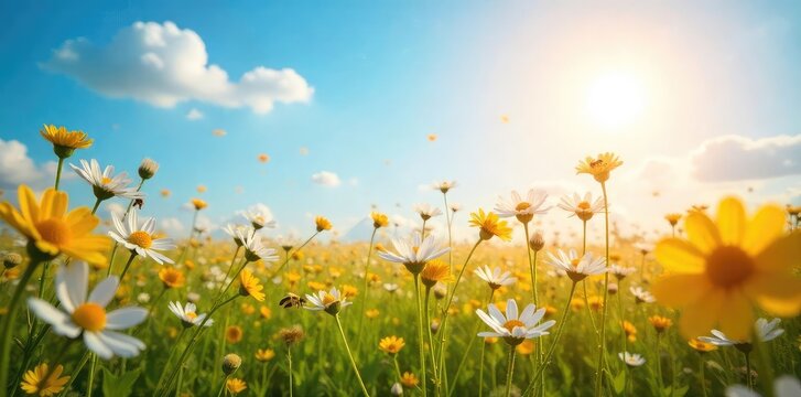 A vibrant sun shines on a field of wildflowers, buzzing with bees; a joyful scene of pure, unadulterated happiness and summer bliss , positive energy, sunshine, life